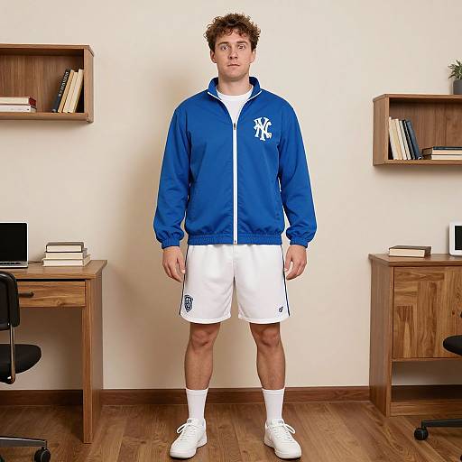 Photograph of a young man with curly brown hair, wearing a blue NY sports jacket, white shorts, socks, and white sneakers, standing in front