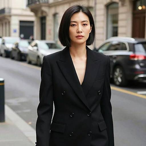Photograph of an Asian woman with a bob haircut, wearing a black double-breasted blazer, standing on a city street with parked cars and buildings