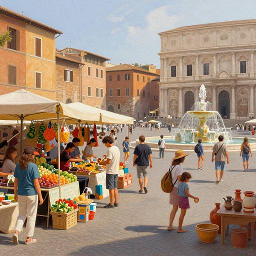 Photograph of a bustling Italian piazza with market stalls, colorful fruits, people shopping, fountain, and historic buildings under a sunny sky.
