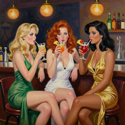 Digital painting of three women with different hair colors—blonde, red, black—in green, white, and gold dresses, sipping cocktails at a