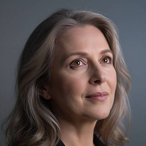 Photograph of a middle-aged woman with light brown eyes, wavy gray hair, and a subtle smile against a dark blue gradient background.