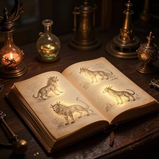Vintage illuminated book with detailed animal engravings, surrounded by antique brass and glass lamps, casting warm, soft light. Photograph.