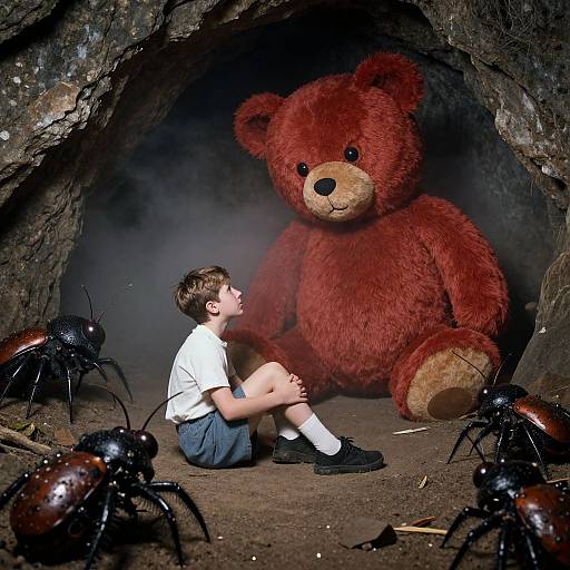 Photograph of a small boy in a white shirt and blue shorts sitting inside a cave, gazing at a giant red teddy bear surrounded by large