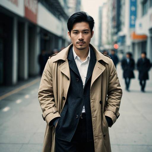 Stylish Asian Man in Trench Coat on City Street