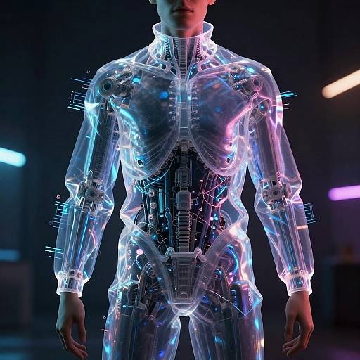 CGI image of a glowing, translucent humanoid figure with neon blue and pink lights, showing internal circuitry and wires, set against a dark, futuristic