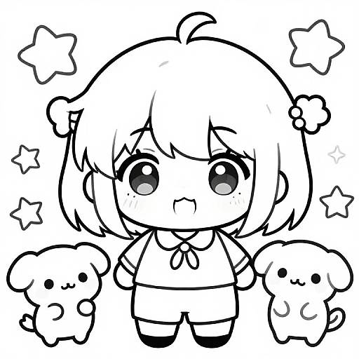 Chibi-style black and white drawing of a cute, smiling child with short hair, star-shaped hair clips, and two small, cute animals.