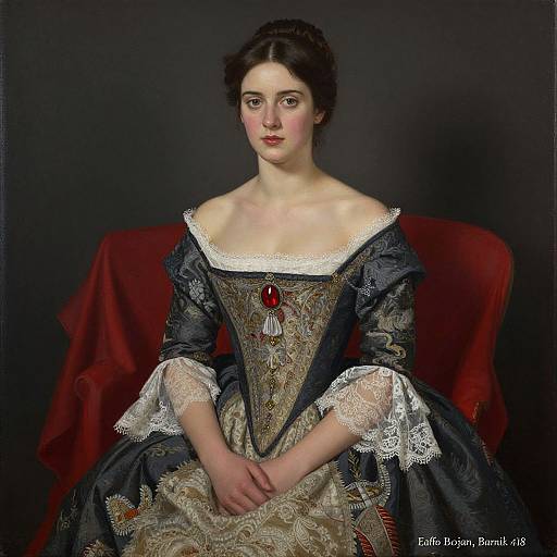 Classical portrait painting of a young woman in an elaborate, lace-trimmed, dark blue and gold gown with red brooch, seated against a