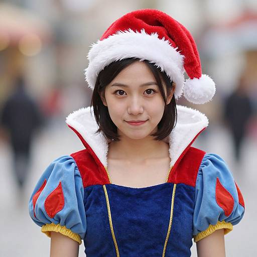 Photograph of an Asian woman with short black hair, wearing a red Santa hat and a blue, puffed-sleeve Snow White costume, standing