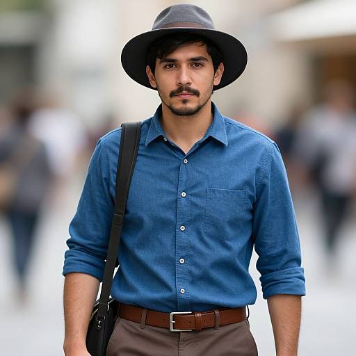 Photograph of a bearded man with olive skin, wearing a blue shirt, brown pants, brown belt, black hat, and black shoulder bag,