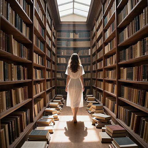 Photograph of a woman in a white dress standing in a sunlit library aisle, surrounded by wooden bookshelves and scattered books.