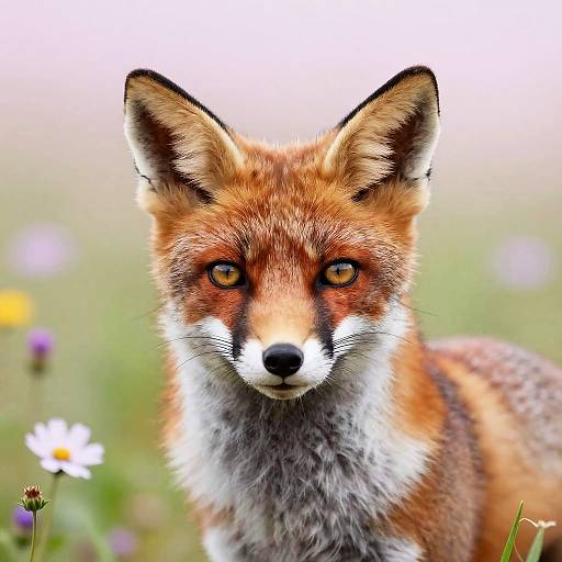 Photograph of a red fox with vivid orange fur, white chest, and black nose, standing in a blurred grassy field with purple and white flowers