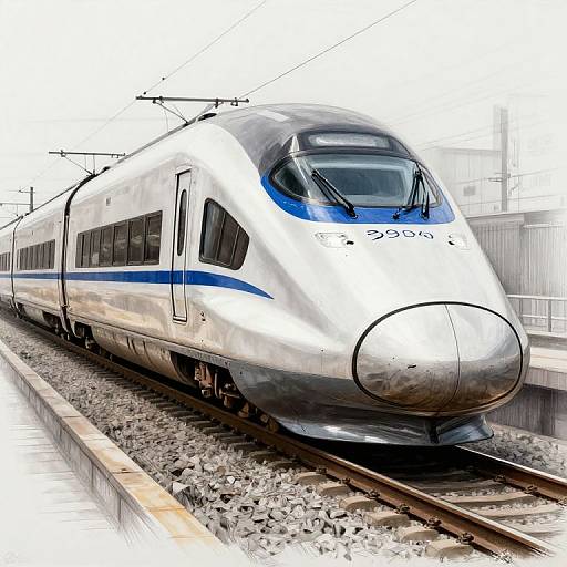 Photograph of a sleek, white Shinkansen bullet train with blue stripe, numbered 93001, on railway tracks, bright daylight, urban background