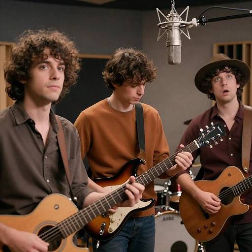 Three Men Playing Guitars in Recording Studio