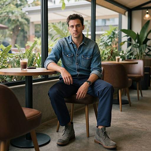 Photograph of a handsome, dark-haired man in a denim shirt and navy pants, sitting in a modern, plant-filled café.
