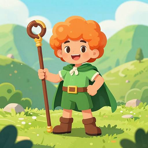 Cheerful Curly-Haired Adventurer Illustration