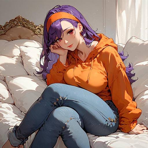 Anime Girl with Purple Hair Sitting