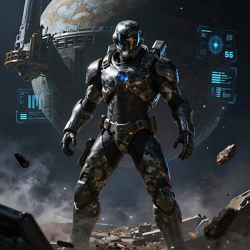 Digital artwork of a muscular, armored superhero standing on a debris-covered planet, with a large moon and floating space station in the dark, starry background