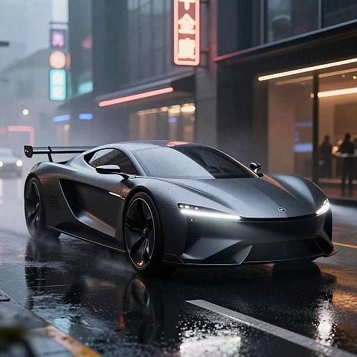 Photograph of a sleek, silver, futuristic Lamborghini sports car driving on a rainy, neon-lit city street at night.