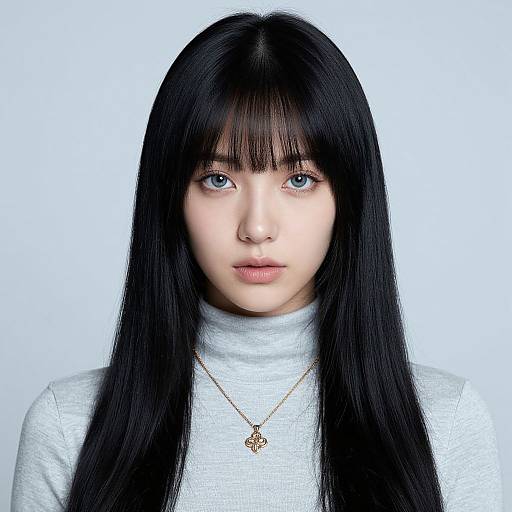 Photograph of an East Asian woman with long, straight black hair, blue eyes, wearing a white turtleneck, and a gold necklace with a