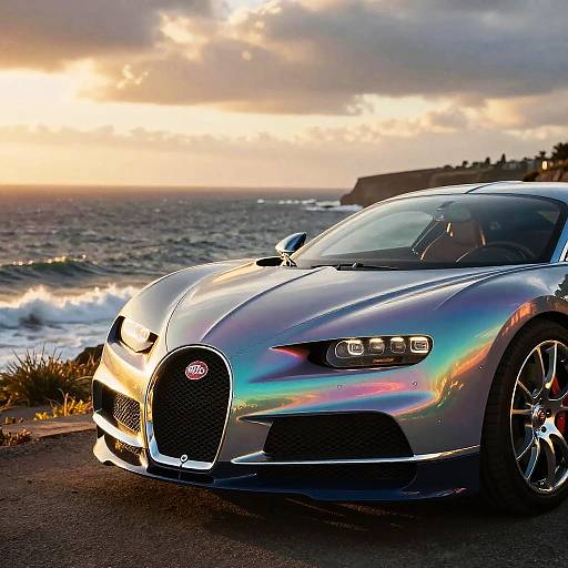 Photograph of a shiny, iridescent blue and purple sports car with LED headlights parked by a coastal cliff at sunset.
