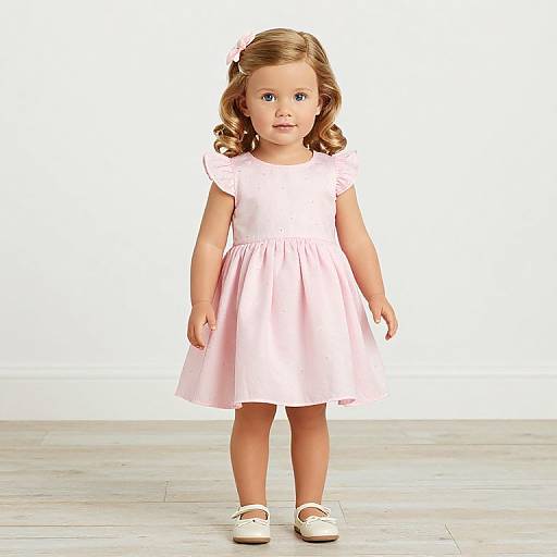 Photograph of a young girl with curly brown hair, wearing a pink dress, white shoes, and a pink hair clip, standing on a wooden floor