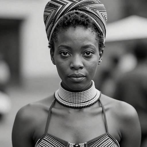 Black and white portrait of African woman with traditional headpiece