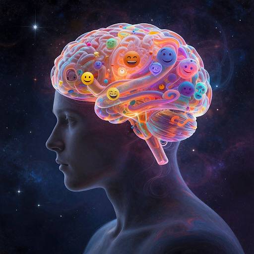 Digital artwork of a silhouette profile with a glowing, colorful brain filled with smiley faces against a starry night sky.