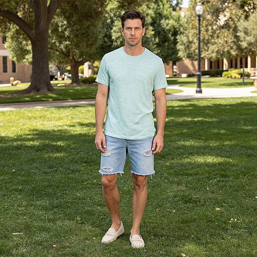 Photograph of a young man with short dark hair, wearing a light blue t-shirt, frayed denim shorts, and white shoes, standing on a
