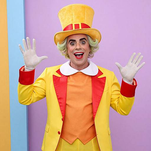 Photograph of a person in a bright yellow top hat, yellow and orange costume with red trim, white gloves, and wide-eyed, open-mouthed