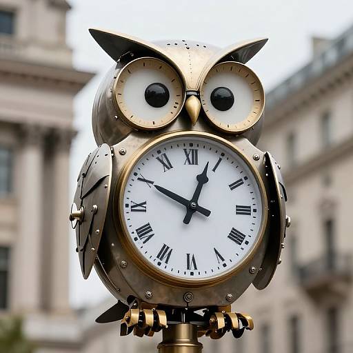 Photograph of a whimsical, steampunk-style owl clock with large, round eyes, black Roman numerals, and bronze metal accents, set