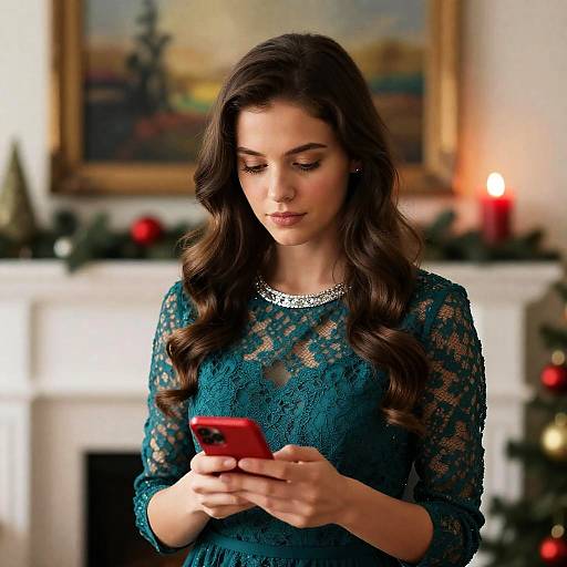 Woman in Teal Lace Dress Using Phone by Christmas Fireplace