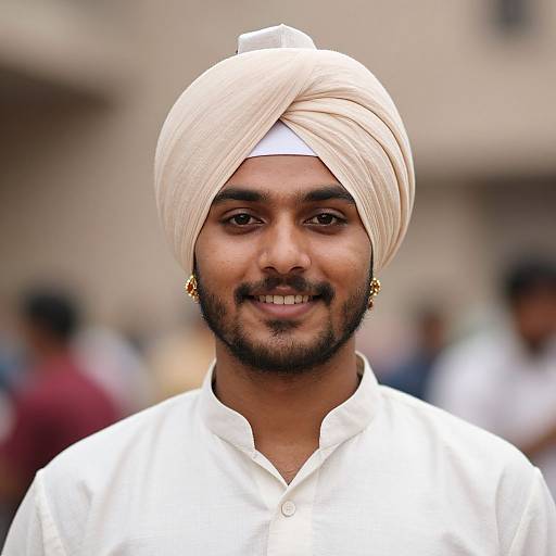 Photograph of a smiling South Asian man with dark skin, white turban, white headband, white shirt, and gold earrings, blurred background.