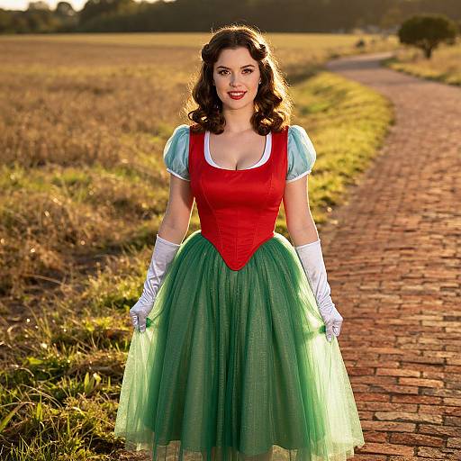 Photograph of a fair-skinned woman with curly brown hair, wearing a red bodice, blue puffed sleeves, green tulle skirt, white