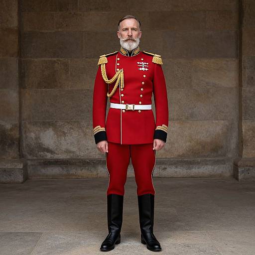Photorealistic CGI of an older white man with a white beard, wearing a red military uniform with gold epaulettes, white belt, and