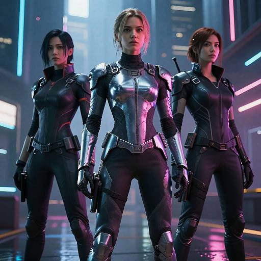 Stoic Cyberpunk Women in Futuristic City
