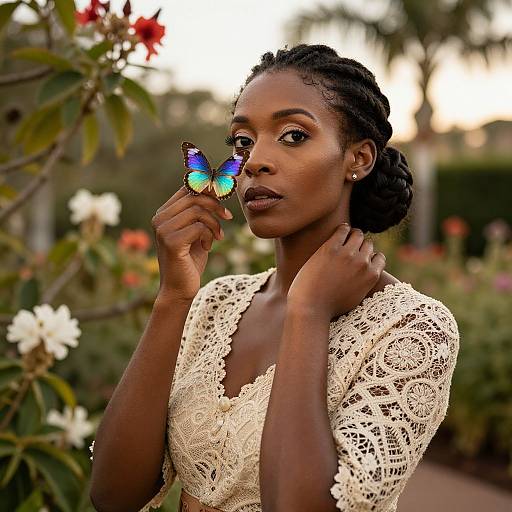 Photograph of a beautiful Black woman with braided hair, wearing a white lace dress, holding a vibrant blue and orange butterfly near her face, against
