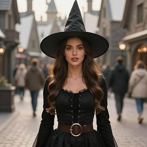 Young Woman in Witch Costume on Medieval Street