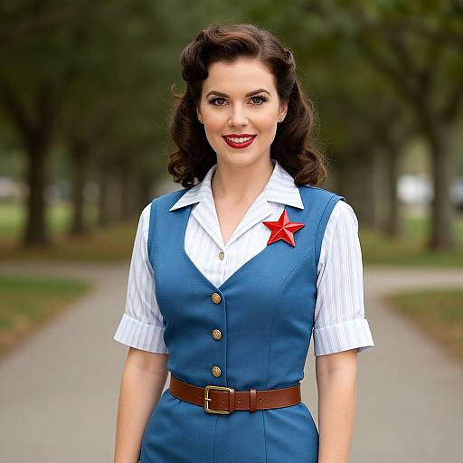 Photograph of a smiling woman with dark, wavy hair, wearing a blue WWII-era flight attendant uniform with a red star, white pinstrip