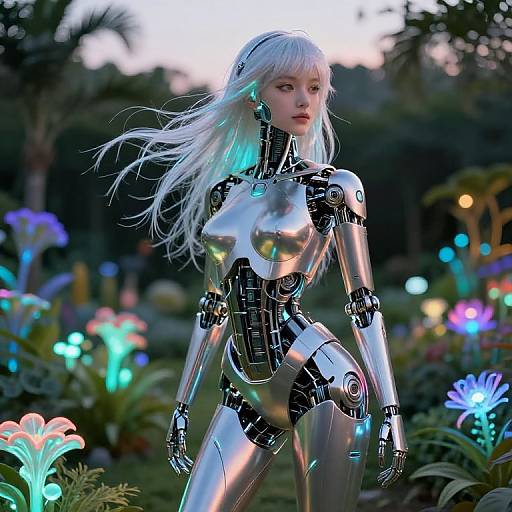 CGI image of a silver, humanoid robot woman with white hair in a futuristic garden, surrounded by glowing, colorful flowers at dusk.