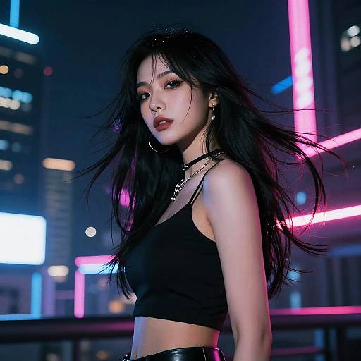 Photograph of an Asian woman with long black hair, wearing a black crop top and leather pants, standing in a neon-lit cityscape at night