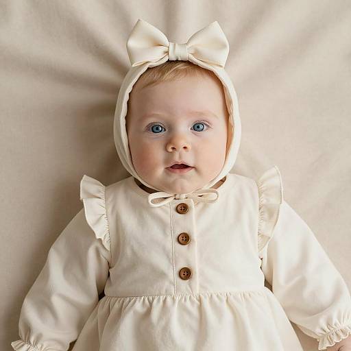 Baby in Cream Dress with Bow Hood