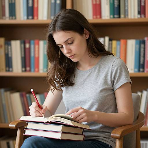 Photograph of a young woman with long brown hair, wearing a gray T-shirt, sitting in a library chair, writing in an open book with a