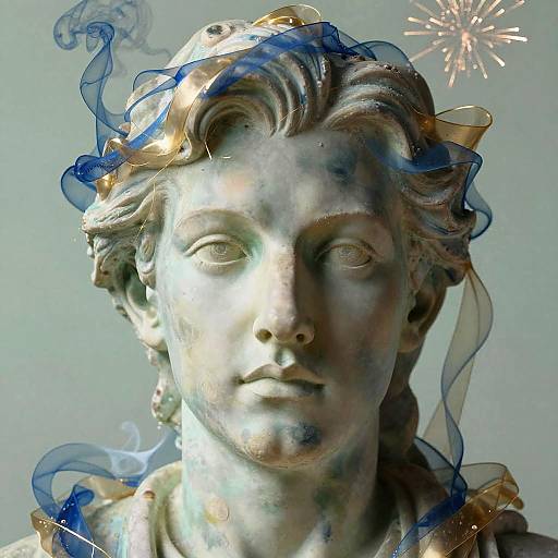 Photograph of a classical marble statue with a serene face, adorned with blue and gold translucent ribbons, and a small firework in the background.