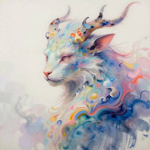 Digital painting of a mystical white cat with colorful, swirling antlers and fur, blending blues, pinks, and oranges, against a white background.
