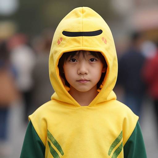 Photograph of an Asian boy with straight black hair, wearing a yellow Pikachu hooded costume, standing in a blurred outdoor crowd.