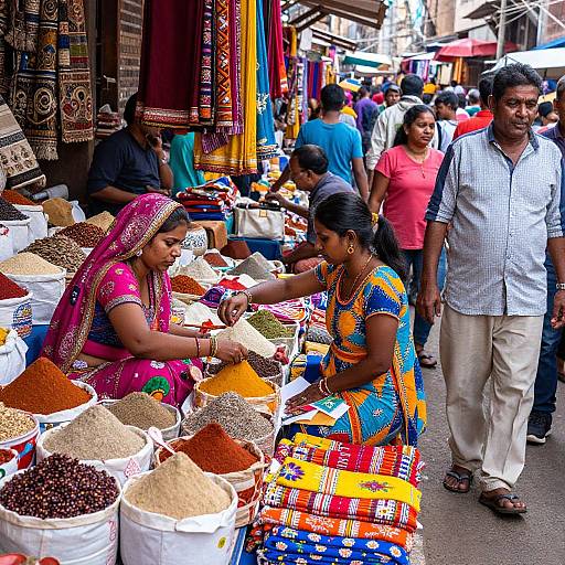 Photograph of vibrant Indian market: two women in colorful sarees sell spices, customers browse, diverse crowd, bustling street, rich textures.