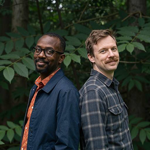 Two Men Standing Back-to-Back in Forest