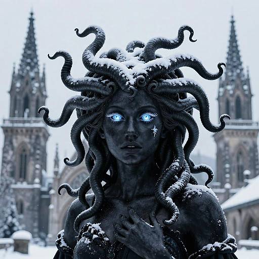 Photograph of a snow-covered, dark bronze statue of a sea goddess with glowing blue eyes and serpentine hair, set against a snowy Gothic cathedral