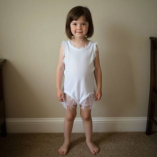 Photograph of a smiling young girl with short brown hair, wearing a white, sleeveless, lace-trimmed dress, standing barefoot on a