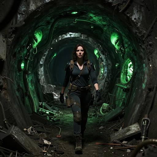 Photograph of a determined woman in black tactical gear, walking through a dark, neon-green lit, cylindrical underground tunnel with debris and wires.